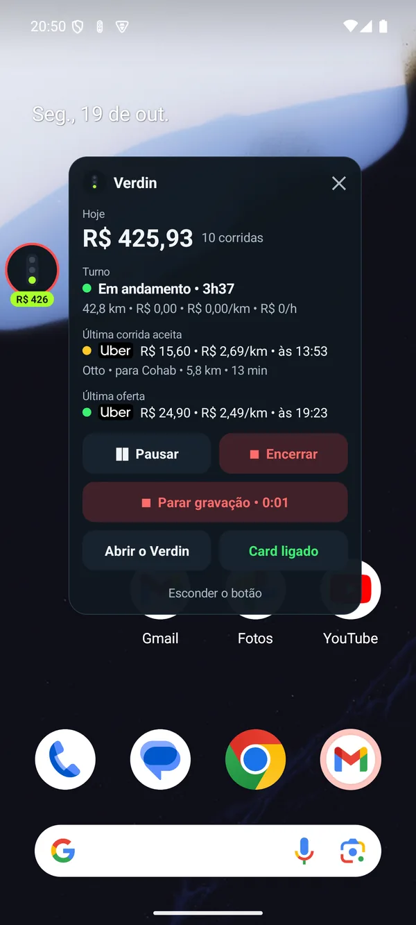 Botão flutuante gravando, com o botão Parar gravação.