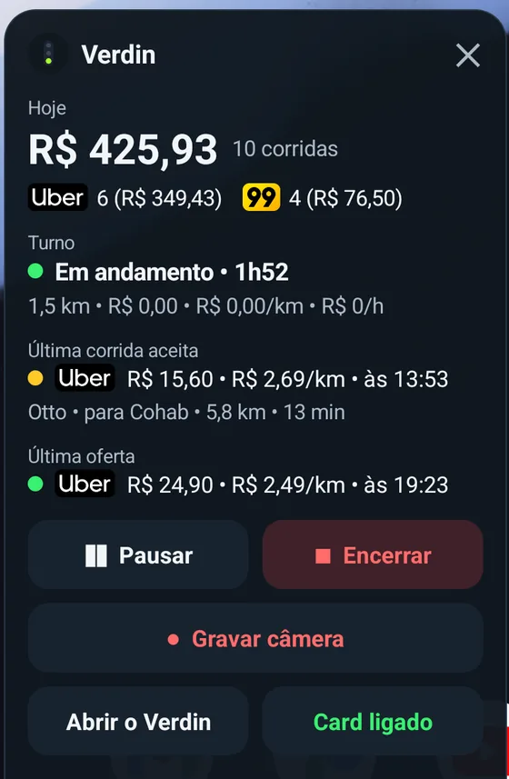 Painel do botão flutuante com ganhos de hoje e corridas por app