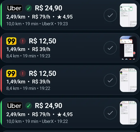 Lista de corridas com o print de cada oferta
