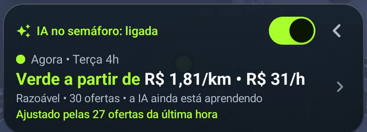 Card da IA: verde a partir de R$ 1,81 por km e R$ 31 por hora, ajustado pelas 27 ofertas da última hora.